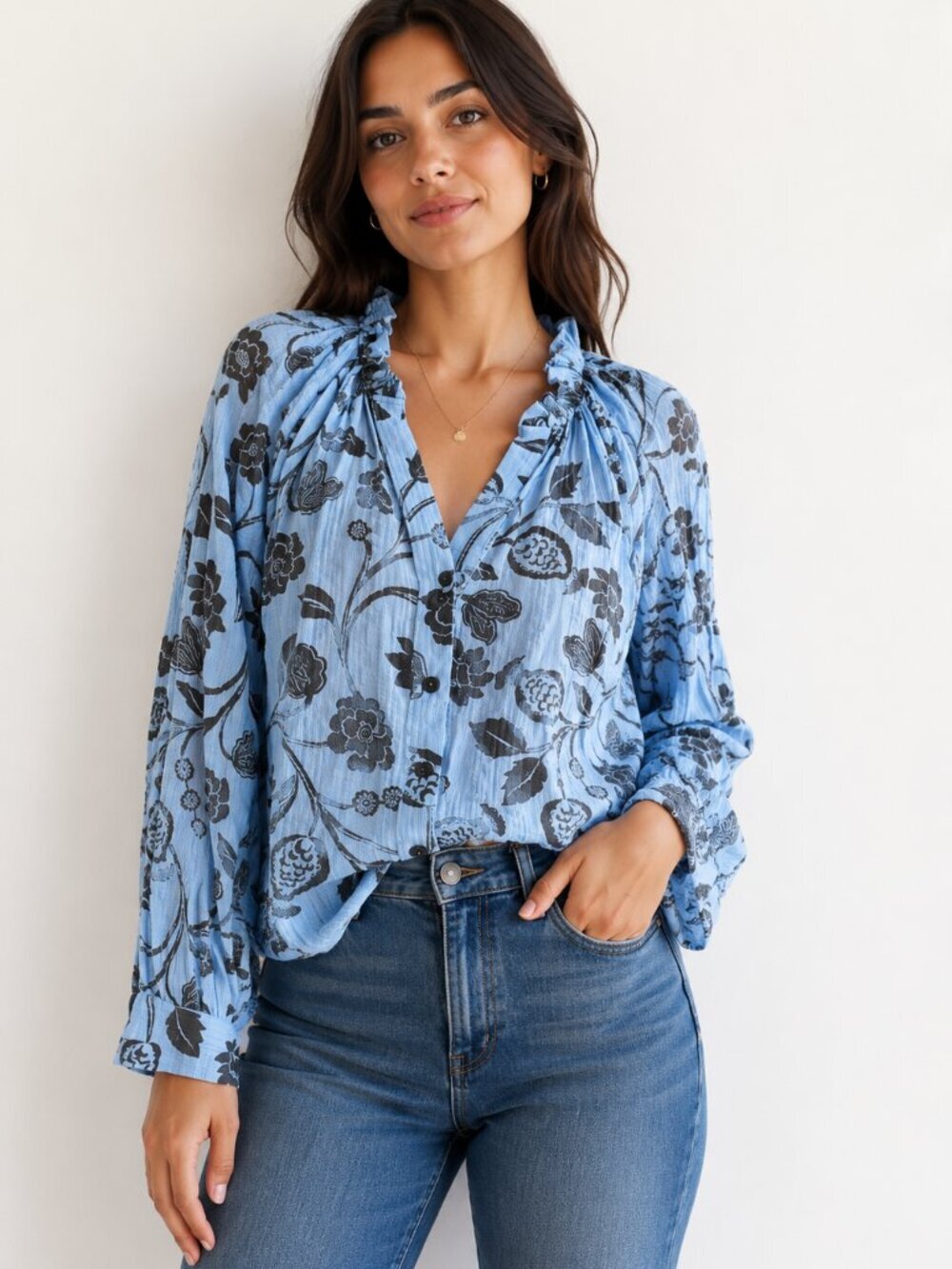 LOFT Cornflower Blue Floral Blouse XL Lightweight Airy Peasant Top Boho Chic